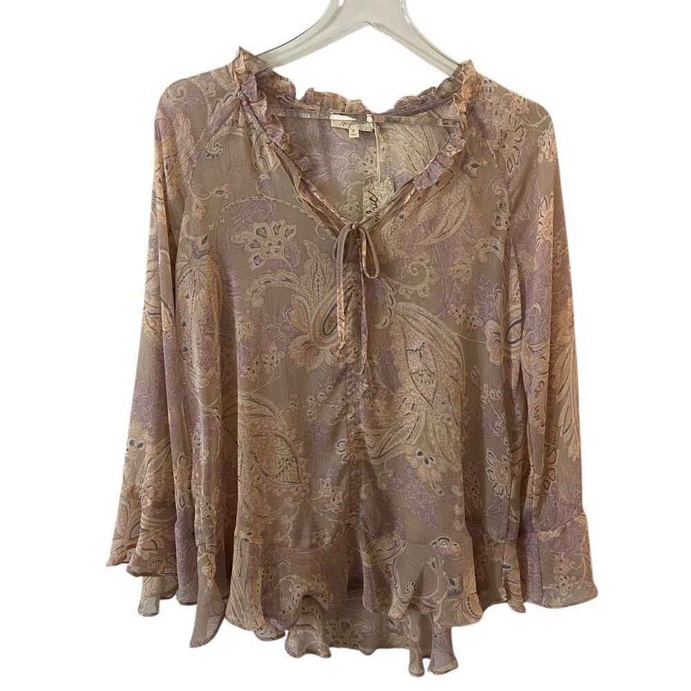 Mystic Paisley Floral Chiffon Long Sleeve‎ Ruffle neck Top semi sheer small NWT